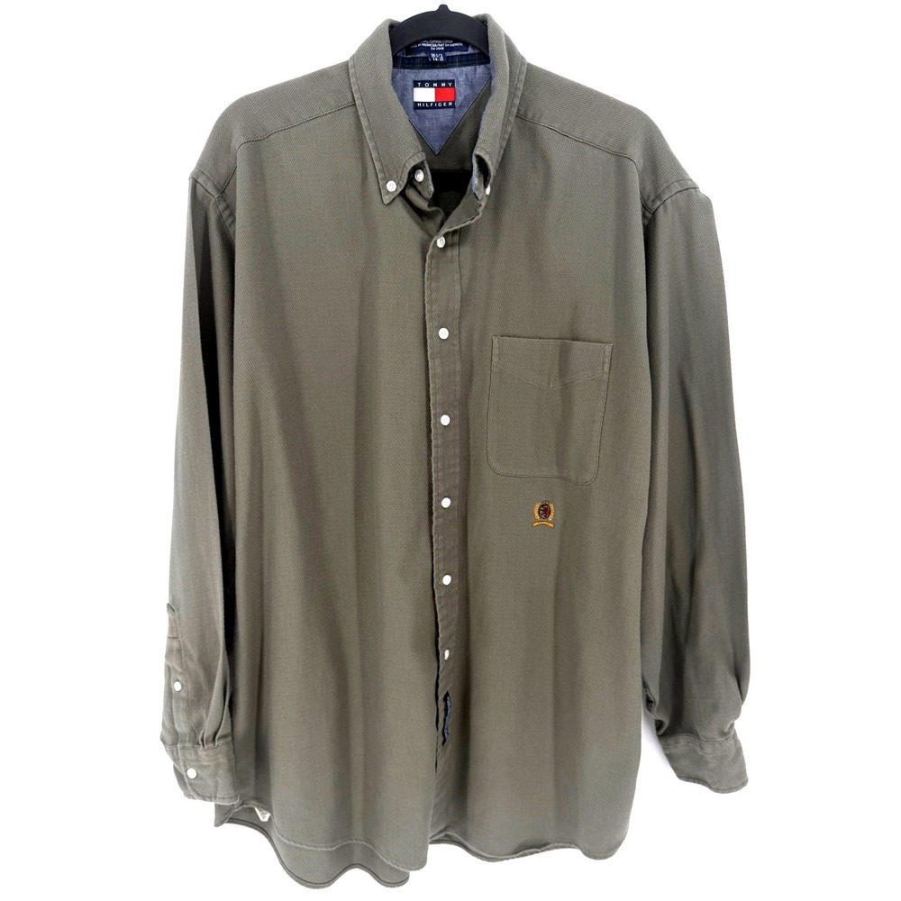 Tommy Hilfiger Shirt Vintage 90s 16.5 34-35 Olive Green Cotton Twill Crest Logo